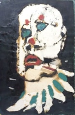 Painting of the organic shape of a human head. The eyes are solid, aquamarine blue with no pupil or iris and have red dots above them. The nose has no defining bridge but large, defining nostrils painted in black. The lips of the person are bright red, the same color as the dots, and are parted in an expression of dismay. At the neck the person is wearing a white collar with lines of the same blue as the eyes.
