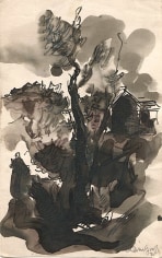 Ink drawing of a landscape, complete with a heavily shadowed tree in the center of the composition and the fa&ccedil;ade of a building behind it to the right.
