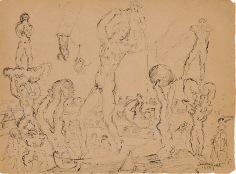 Rough sketch of various circus performers, including acrobats and trapeze artists, performing in front of a crowd that is depicted in the background.
