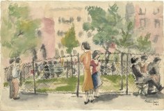 Ink and watercolor drawing of green park placed in front of a colorful cityscape. Surrounding the fence of the park are figures sitting and standing.