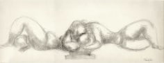Sketch of two female figures laying down and embracing. A cross-hatching and smudging technique is used to create shadows.