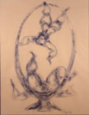Sketch of circus performers leaping through a circular hoop. A smudging technique is used to create a blurred effect.