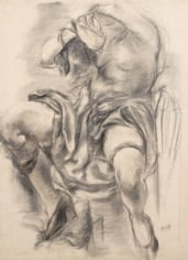 Charcoal sketch of a partially covered nude figure that sits facing the left of the work, fixing her hair. Drapery falls around waist and she wears high heel shoes.