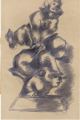 Dark-shaded drawing of two figures leaping over one another on a pedestal. The drawing is done with graphite on brown paper.