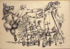 An abstract, detailed drawing of a water scene with various wooden structures. Hands are drawn in the air around clouds. A horse and angels are depicted flying through the air.