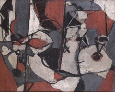 Abstract painting in muted red, blue, and white with black outlines. The organic, chaotic shapes of white dining ware are broken up by thick black lines. What appear to be plates or bowls have red colored liquid inside of them.