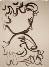Ink drawing of two faces, the top face is shown in profile, facing the right, while the face below is shown upside down, with its chin meeting the chin of the portrait above.