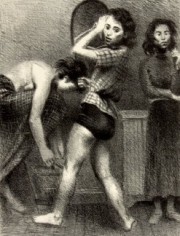 Charcoal drawing of three women. The woman on the left bends over the adjust her shoe and is wearing a long skirt with a plaid pattern, the one in the center twists around with an inquisitive expression on her face, her torso facing us and legs in the opposite direction. She wears a plaid blouse and a dark undergarment. To the right, the final woman stands facing us with a stoic expression on her face wearing a turtleneck and dark, long skirt.