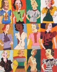Mixed media work, depicting 12 women of different races, each wearing colorful clothing and positioned against colorful backgrounds. All turn in different directions but remain facing the viewer.