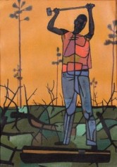 Painting of a man standing, in the act of splitting wood that lays around him, against an orange sky.