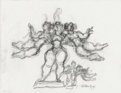 Dark graphite sketch of figures dancing. A middle figure is standing, and two figures are leaping into the air on either side.