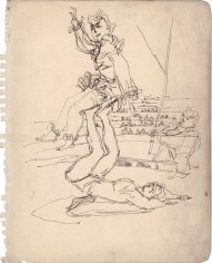 Line drawing of two acrobatic performers in front of a crowd. The drawing seems to have been completed in one continuous stroke.