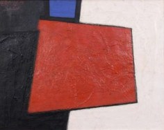 Painting of an abstract red trapezoid in the center of the composition, with a smaller blue square placed above it. The background is split between black (left) and white (right), behind the red square.