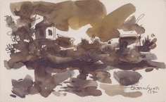 Ink drawing of a landscape, complete with a heavily shadowed clouds, fa&ccedil;ades of buildings and small trees. The scene is reflected in the foreground of the work, likely on a body of water.