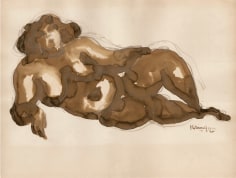 Brown, ink and pencil drawing of a reclining nude woman who is leaning on her right (the viewer's left) elbow.