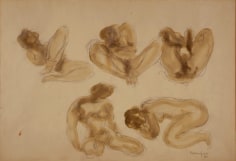 Drawing of five nude figures in various seated positions. The figures are shaded with brown ink.