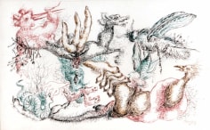 Detailed sketch of various winged animals, each drawn using different colored ink. Some of the animals are depicted with nails in them, creating a metaphor for the feeling of frustration.