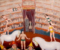 Painting of a circus performance, in the front left two male figures balance on a large white horse as a man holds up a woman swinging on a tall brown pole. On the right two female figures balance on another large white horse. Closest to us at the bottom of the frame the faces of two clowns are visible. Behind the performers there are seats filled with audience members stacked upon each other.