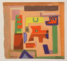 Orange toned, square painting with rectangular, blocky, geometric shapes and a small, neon green circle in the center outlined in dark blue.