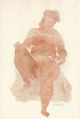 Sketch of a seated female figure, filled in with orange watercolor paint.