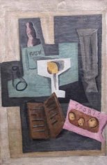 Cubist still life painting of objects including a book, vase, a bottle that reads &quot;BREW&quot;, glass, pipe, and ticket that reads, &quot;SPORTS&quot;.