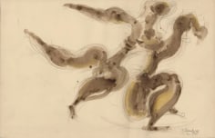 Abstract drawing of two figures dancing. The bodies of each figure is outlined in pencil and roughly filled in with ink wash.