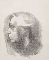 Lithograph portrait of the artist. In profile, she faces the left side of the viewer, her head shaded in grey.