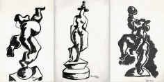 Three separate abstract ink drawings of acrobats. The first features an figure balancing on a ball, followed by a figure standing on a platform with three balls balanced on her head, and lastly a heavily shaded figure raising a ball above its head.