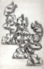 Abstract drawing of acrobats dancing and stretching in various different positions.