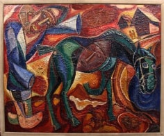 Painting in vibrant red tones with a male figure and a horse in the foreground. The man's clothing are in blue tones but his face is light brown and appears to be wearing a red toned mask which leans on his shoulder to the right of his face. He is reaching towards the horse although his hands are not visible underneath his cloak. The horse is in dark blue and green with a red mask hanging on its stomach.