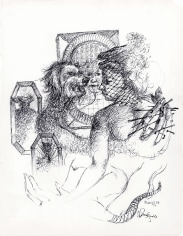 Surrealist ink drawing of a veiled woman that is being embraced by a hairy beastly animal with a long tail, whose hands are nailed into her back. Surrounding the figure are mirrors that reflect their faces.
