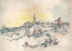 Ink and watercolor drawing of a beach, complete with blue-green water in the left midground, a lighthouse in the center-background, and various colorful figures scattered throughout.