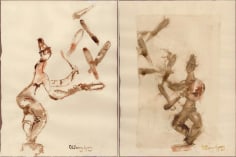 Two independent pencil and watercolor drawings of jugglers. The figure on the left is turned to the right with his back to the viewer while the figure on the right is turned to the left, facing the viewer. They are both juggling pins.