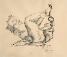 Ink drawing of a nude figure with its knees brought inwards and its head and legs slightly raised.