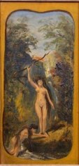 Painting of a nude woman with dark brown, knee length hair, standing on a river bank surrounded by trees holding a bare tree branch sticking out from the left side of the composition. Another female figure bends over with her touching the ground beneath the standing woman's feet. The painting is framed by a gold border.