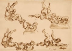 Sketch of several men in different poses while wrestling, both in mid-air and on the ground. The drawing is done using brown tones.