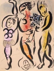 Ink drawing of three humanoid figures. On the left the figure is colored with a brush of lavender and is lifting one leg vertically into the air. The center figures side profile is facing us and is holding their hand tenderly around their torso, which is colored red. Their left leg is placed in front of their body and is painted orange. A human face is visible at the middle person's feet. On the right the figure is colored yellow and is turned sideways holding a bouquet of blue flowers.