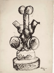 Sketch of a sculpture, composed of various geometric shapes to depict a human figure.