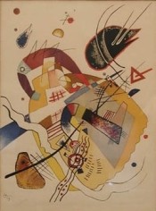 Abstract expressionist color lithograph, formed of geometrical elements such as half-circle, jagged angles, straight lines and curves &ndash; both small and large &ndash; overlapping one another and simultaneously giving the appearance of a collection of objects in motion. The work utilizes gradient shades of red, blue, purple, orange, and black.