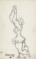 Pen drawing of a woman in a ruffled dress, closing her eyes and holding her hands up high above her head.