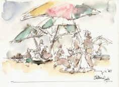 Pen sketch of groups of figures and umbrellas on a beach. The umbrellas are done in red, green and yellow watercolor. The figures are filled in with brown watercolor, and the sand in beige.