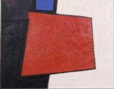 Painting split diagonally in half with a black section on the left and white section on the right. In the middle is a red, rhombus with a blue square on the black side above it.