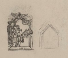 Pencil drawing of study for a pin worn on clothing. There is a family depicted with the Star of David above them. Next to them are onion domes and a bird flying above.