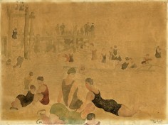 Pencil and watercolor drawing various figures in black, red, grey, and green 1920s singlet bathing costumes, positioned in various poses alongside a pier on the left and the water on the right.