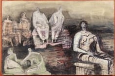 Black and white painting of seven seated humanoid figures. On the left, six of the figures are twin sculptures, almost identical and facing each other. The heads of these sculptures are tiny and barely visible. On the right side one figure sits alone, and has a stoic, defined face.