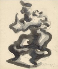 Sketch done in black watercolor and pencil of an abstract figure wearing a dress and holding one arm upward.