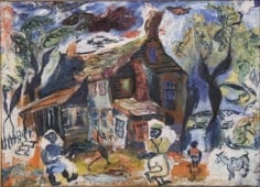 Colorful fauvist painting of a farmhouse, surrounded by figures, farm animals, and trees. Utilizes varying shades of blue, black, white, green, orange, and red.