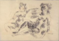 Sketch of two nude seated figures. The outline of the figures is done with a very light pencil, and the shadows are filled in with smudged charcoal.