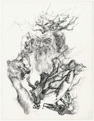 Ink drawing with surrealist imagery, depicting a bearded man with a hand that forms the shape of a wolf's head, holding a hyper realistic mask of a human face. Emerging from various points of his torso and head are what appears to be branches or roots, including a large or bird emerging from below its left (viewer's right) shoulder.