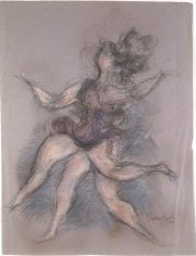 Sketch of a figure dancing in motion. Repetitive outlines and fast sketching is used to convey motion.